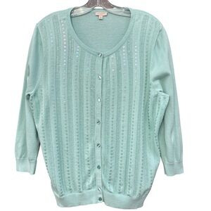 Talbots Mint Green Sequin Cardigan Sweater Women’s XL Cotton Long Sleeve